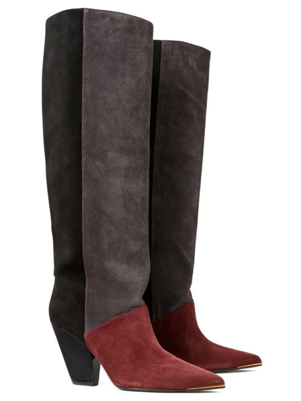Tory Burch Two-Tone Suede Over-the-Knee Boots in Charcoal, Slate and Burgundy